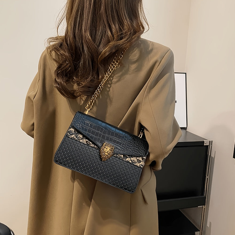 2025 New Women'S Crossbody Bag with Golden Chain And Animal Headdress- Small Square Shoulder Bag, Urban Fashion Buckle Closure Design, Suitable for Casual And Formal Looks, Multifunctional Accessory, High-End Elegant Handbag, Fashion Item