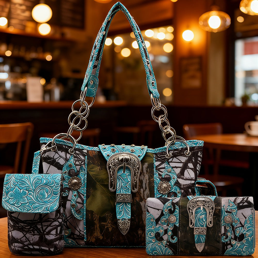 Western Style Camouflage Handbag, Concho Buckle Tooled Floral Country Studs Crossbody Women's Handbag, Backpack, Wallet Set, Ideal Christmas Gift