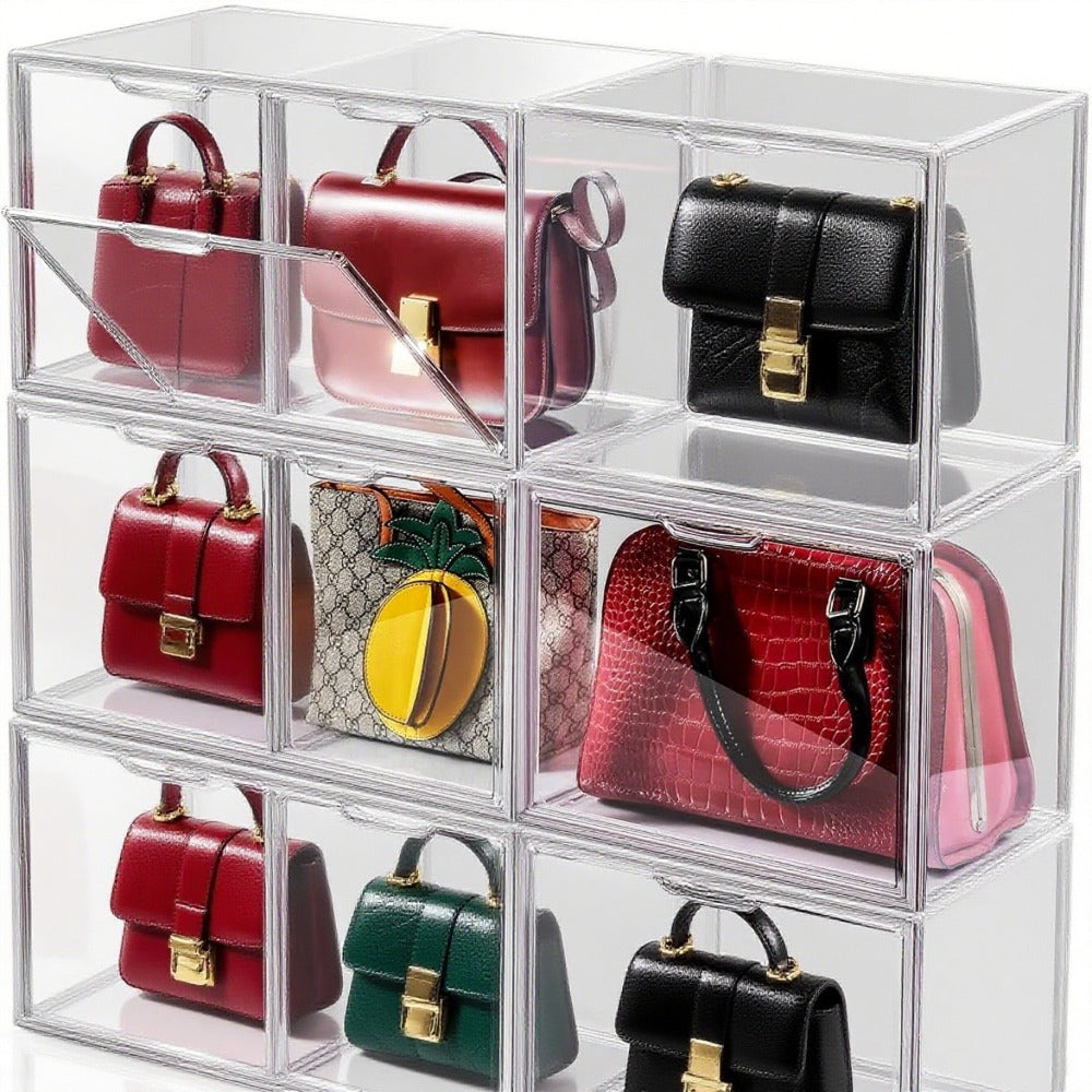12/9/6/3 pcs Purse Organizer for Closet, Handbag Storage Organizer, Clear Acrylic Display Case with Magnetic Door, Plastic Storage Bins for Bags, Books, Cosmetics & Collectibles (3 Pack)