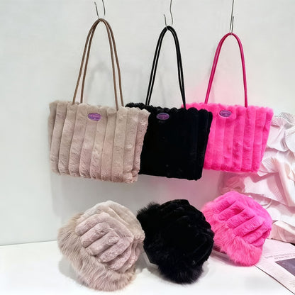 2pcs Women'S Fleece-Lined Shoulder Bag And Bucket Hat Set, Warm And Thickened, Versatile for Autumn And Winter Daily Wear