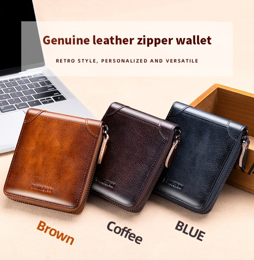 BANYANU Retro Men's Leather Zipper Wallet RFID Large Capacity Folding Multi Card Head Layer Leather Wallet Can Put Coins Wallet Father's Day Valentine's Day Gift 8 Card Slots