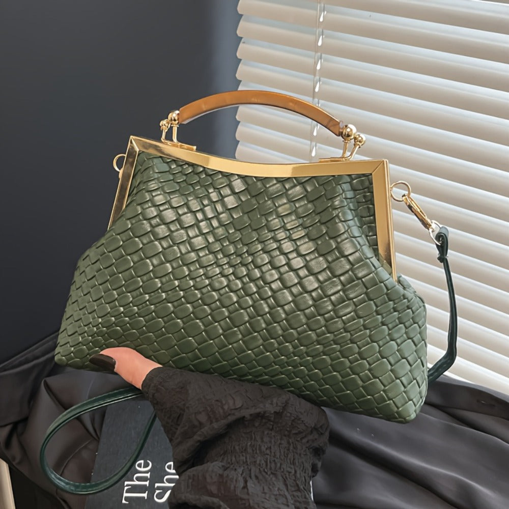 1pc Women'S Elegant Synthetic Crossbody Bag with Detachable Strap And Kiss Lock Closure - Luxury Embossed Design, Golden-Tone Hardware, - Coffee Brown, Red, Green, Black for Weddings, Parties, Evening Events
