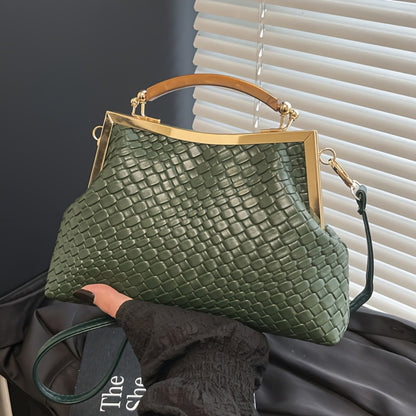1pc Women'S Elegant Synthetic Crossbody Bag with Detachable Strap And Kiss Lock Closure - Luxury Embossed Design, Golden-Tone Hardware, - Coffee Brown, Red, Green, Black for Weddings, Parties, Evening Events