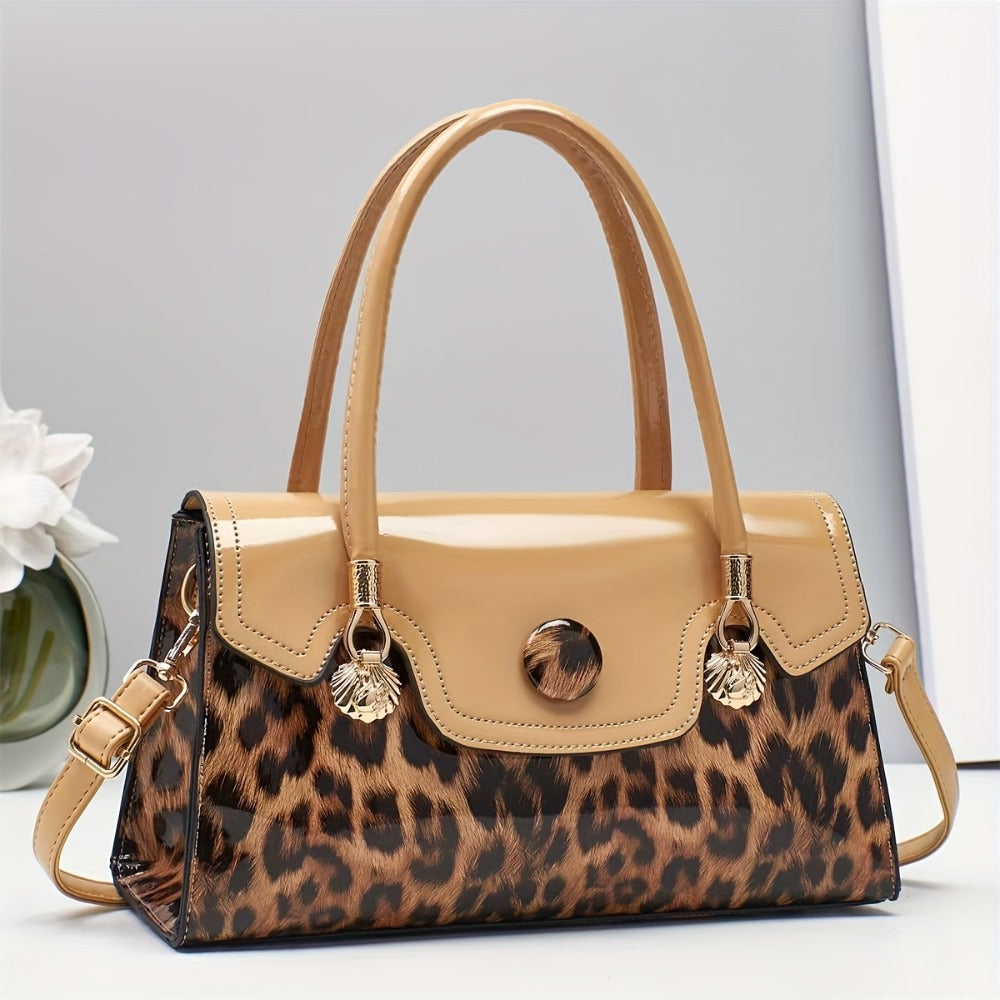 [Leopard Print Handbag] Fashionable New Women's Handheld Bag: Leopard Print Handbag With Magnetic Snap Closure, Metal Hardware Accents, Adjustable Shoulder Strap And Zip Closure