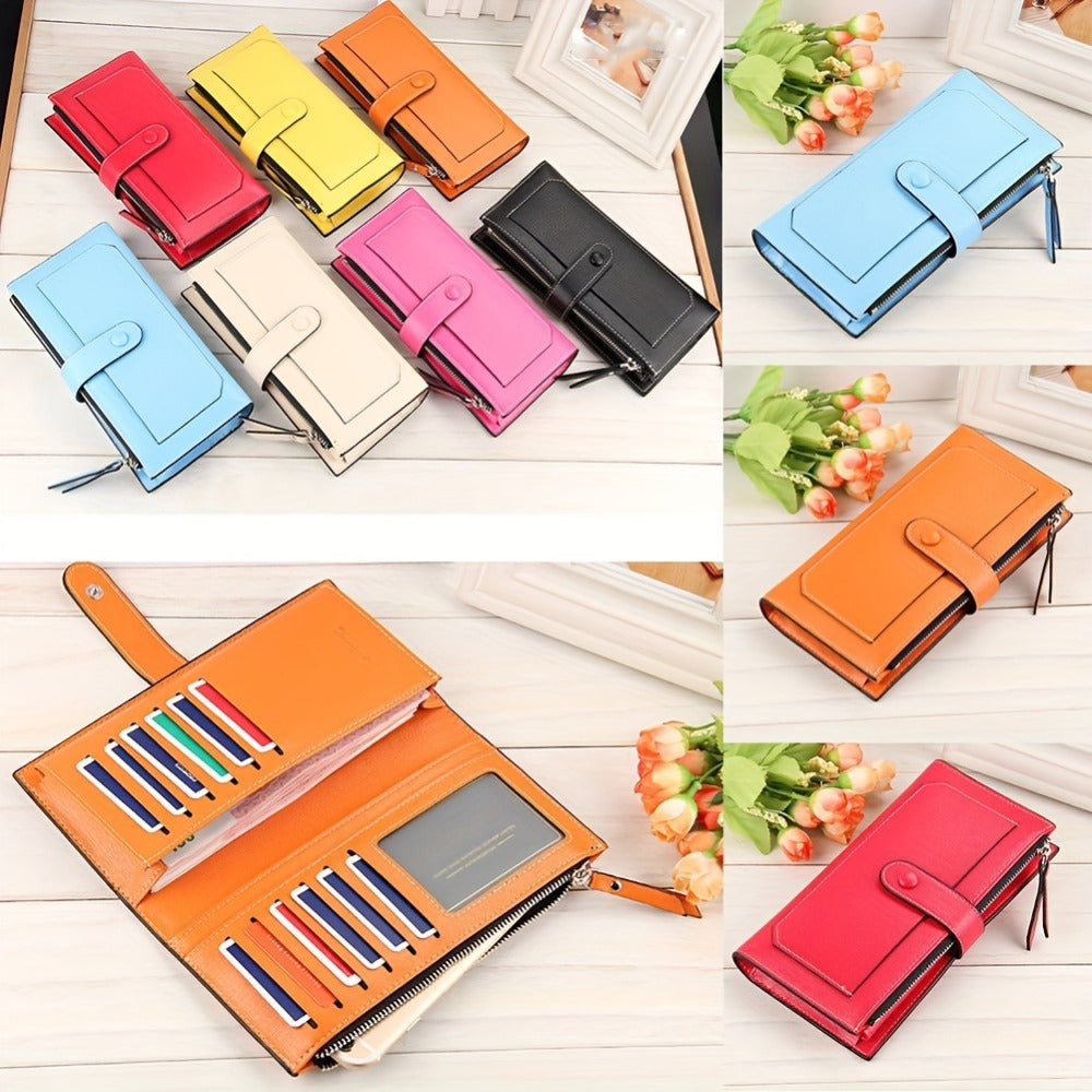 Women's Long Clutch Wallet, Retro Style Long Coin Purse, Foldable PU Leather Credit Card Holder With Zipper And Snap Closure