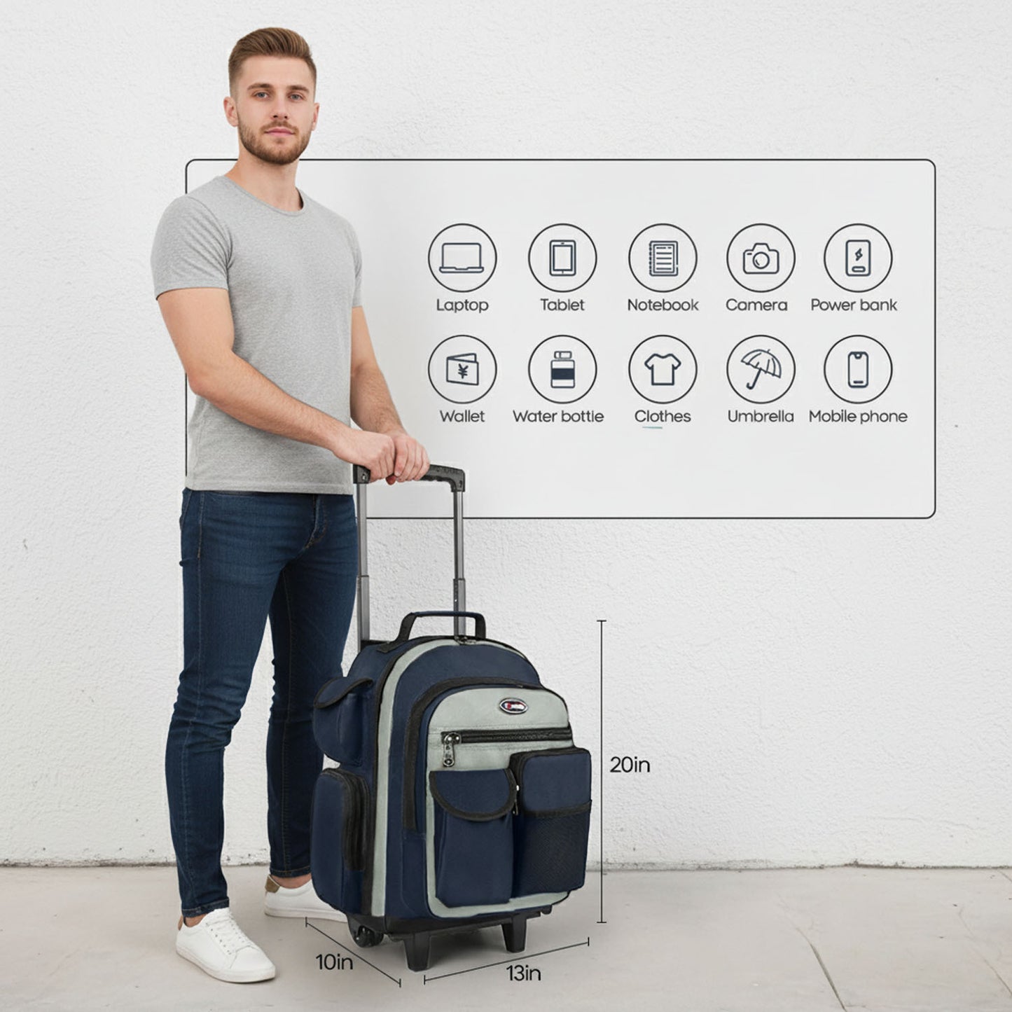 20 Inch Travel Rolling Backpack with Retractable Handle,Large Capacity Backpack with Wheels for Women & Men,Printing Travel Trolley Suitcase Bag for Weekend, School, Overnight, Work