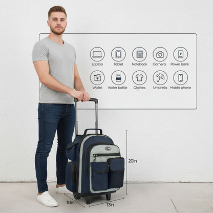 20 Inch Travel Rolling Backpack with Retractable Handle,Large Capacity Backpack with Wheels for Women & Men,Printing Travel Trolley Suitcase Bag for Weekend, School, Overnight, Work