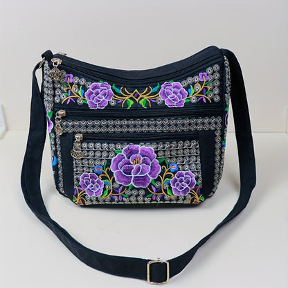 Retro Bohemian Flower Pattern Shoulder Bag, Classic Retro Zipper Crossbody Bag, Birthday Gift for Mom