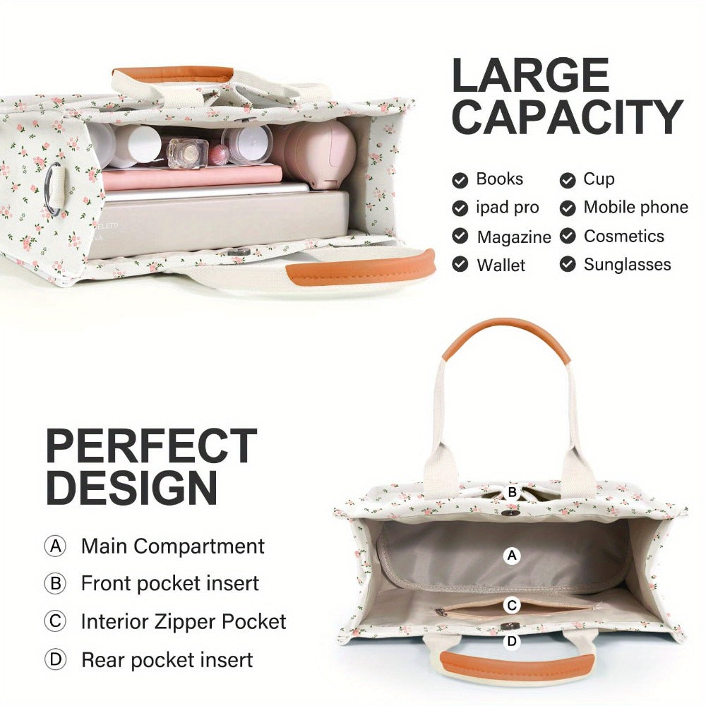 Women's Tote Bag with Zipper Closure, Large Capacity & Individual Compartments, Detachable Strap & Bottom, Vibrant Flower Print Multi-Purpose for Travel, Work, College, Shopping Ideal Gift (White, Pink, Gray, Blue, Brown), Versatile Carryall