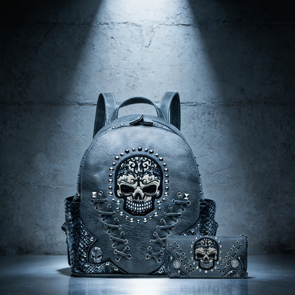 Sugar Skull Punk Art Studded Motorcycle Wallet Women's Fashion Backpack Python Backpack Crossbody Bag Wallet Set, Black Set, Ideal Christmas Gift