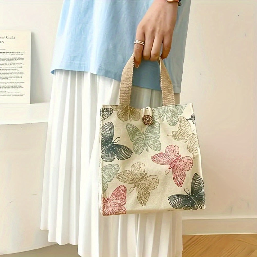 Fashionable Butterfly Printed Canvas Handbag - Portable Lunch Bag With Safety Buckle, Suitable For School, Travel, Picnicking, And Office Use