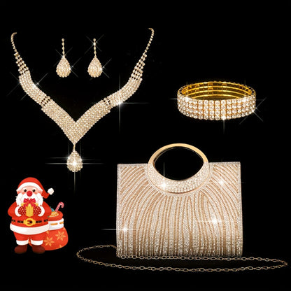 4-Item Collection: Trendy Women'S Evening Purse, Glossy Striped Tote, Bridal Party Clutch, Night Out Bag, Dress Purse, Shoulder Tote, Wedding Season Dazzling Jewelry Set Including Necklace, Earrings, And Bracelet