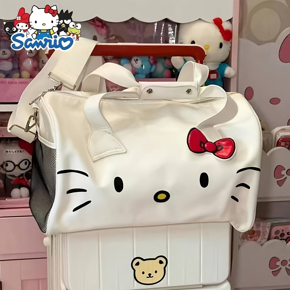 Large-Capacity Cute Cat Hellokitty Style Travel Bag, Hand-Held And Cross-Body Dual-Purpose Fitness Bag, Classic Red Butterfly Knot Cute Design. with Side Zipper Pockets, Can Be Attached to The Suitcase Handle, Suitable for Travel
