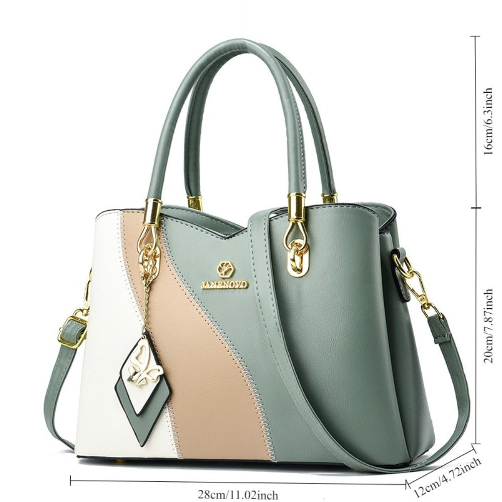 Colorblock Top-Handle Satchel Bag for Women - Faux Leather Purse with Zipper Closure, Large Capacity Shoulder Tote with Messenger Strap and Edge Paint Detail, Fashionable Handbag