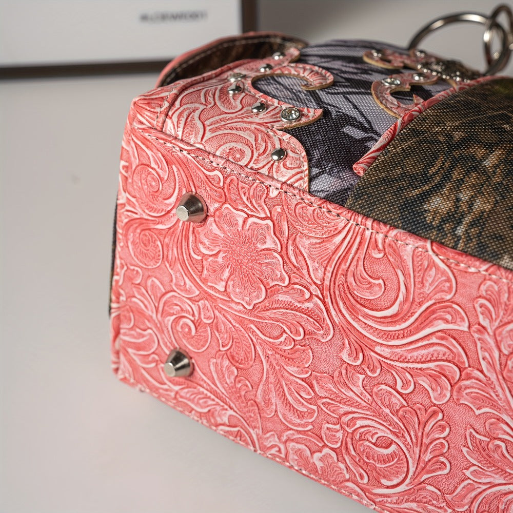 Western Style Camouflage Handbag, Concho Buckle Tooled Floral Country Studs Crossbody Women's Handbag, Backpack, Wallet Set, Ideal Christmas Gift