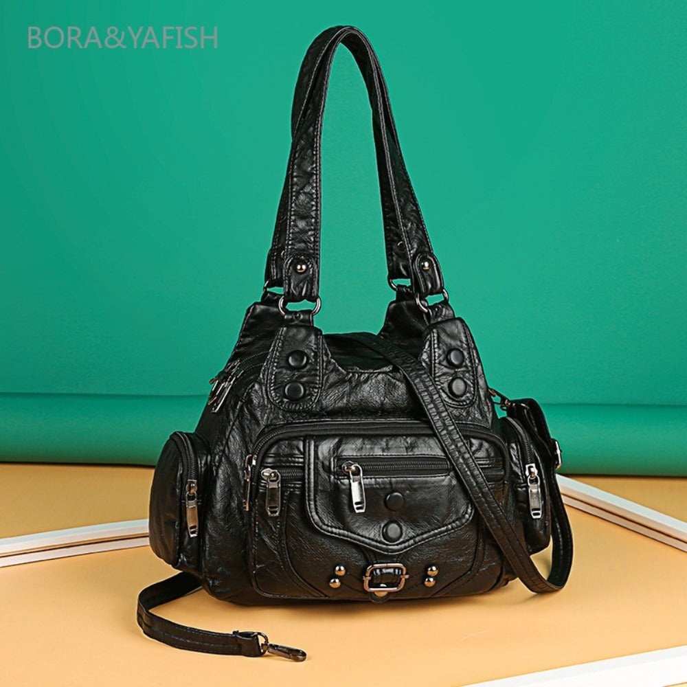 Women'S Colorblock Studded Washed PU Soft Handbag | Large Capacity Multi-Layer Top Handle Shoulder Crossbody Bag, Zipper Closure, Lining, Solid Color Pattern