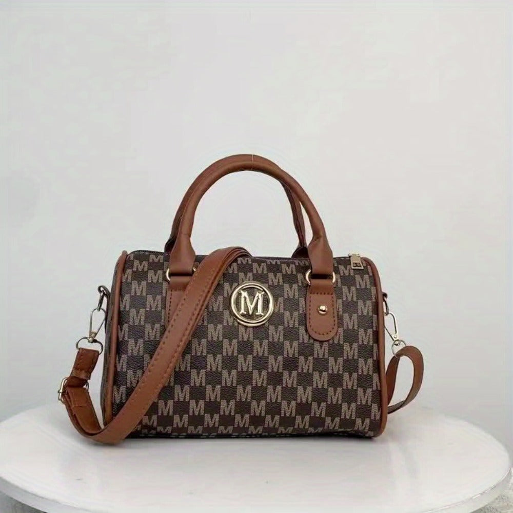 1pc New Single Shoulder Bag with M Logo Patch, with Removable Shoulder Strap, Boston Crossbody Bag, Unisex, Can Be Used As a Handbag, Phone Bag, Suitable for Gifts, Daily Travel, Shopping, Commuting