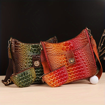 Trendy Crossbody Bag with Crocodile Pattern - Premium Bucket And Coin Purse Style - Multi-Purpose Shoulder Bag Suitable for Any Event