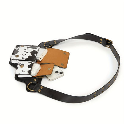 Multi Functional Practical Cow Pattern Waist Bag, Printed Waist Bag, Fashionable Collision, Metal Accessory Texture, Multi Pocket Practical And Multifunctional Design Handmade Waist Bag, Adjustable Chest Bag with Multiple Buckles