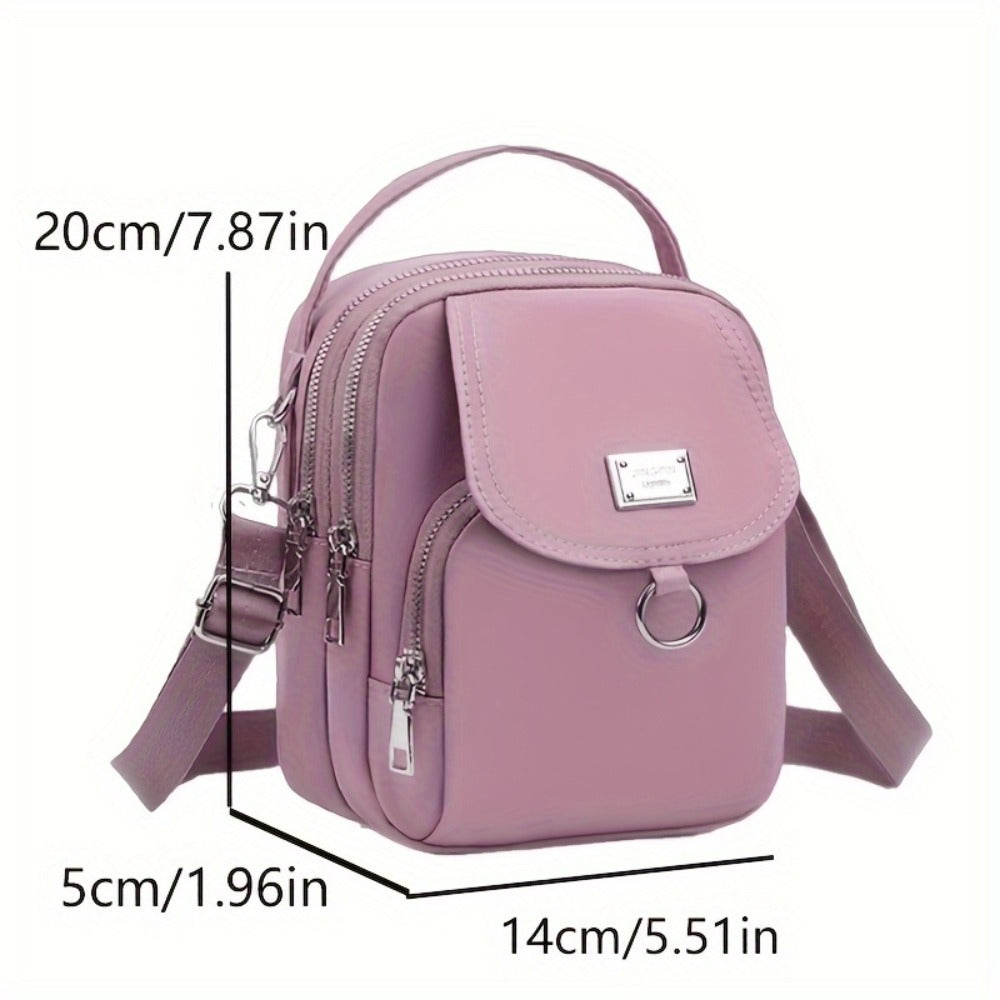 4 Colors Lightweight Nylon Women's Messenger Bag - Casual Mini Handbag with Multi-Zipper Compartments, Detachable Adjustable Shoulder Strap & Metal Rings, Available in Lavender, Black, Dark Purple, Grey, Brown, Sapphire Blue, Small Crossbody Bag, Versatil
