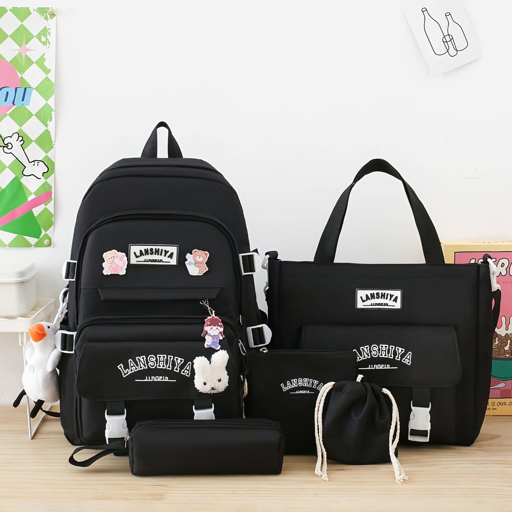5pcs Solid Color Backpack Set in Material, Large Capacity Double-Shoulder Bag, Easy Tote, Pencil Bag, Casual Crossbody, Lightweight Student Backpack Set with Ducky Charm, 3 Badges, And Rabbit Charm, Position Print, Cute Style, for School Use