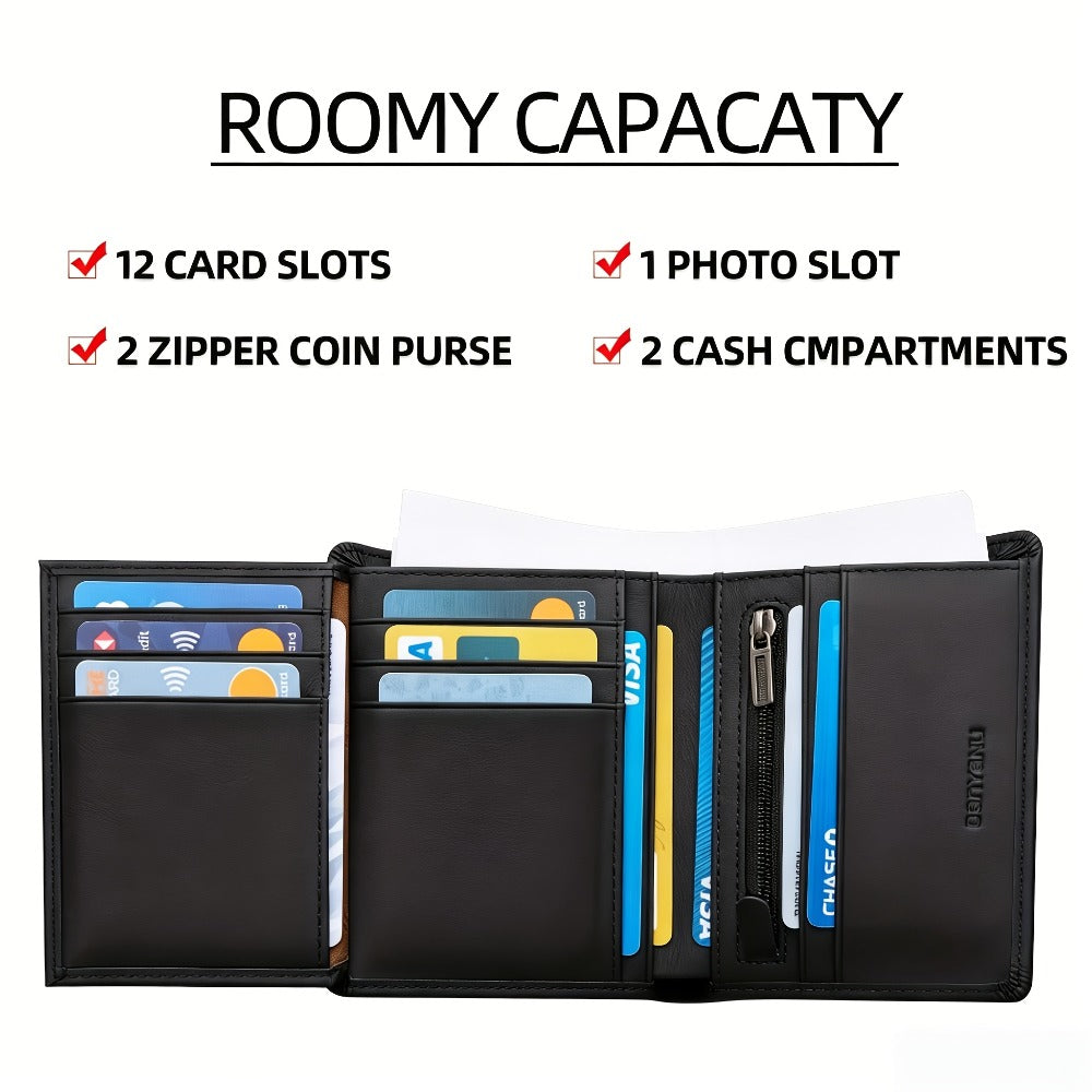 Genuine Leather Three-Fold Wallet for Men, 13 Card Slots with Anti-Theft Feature