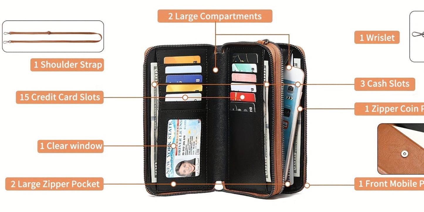 Phone Strap Crossbody Bag for Women, Small Genuine Leather Purse with 15 Card Slots & RFID Blocking, Wristlet Wallet for Summer Travel, Shoulder Bag for Daily Use