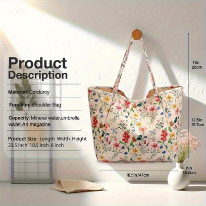 Corduroy Tote Bags for Women Shoulder Cord Purse with Inner Pocket, Large Capacity Tote Purse Reusable Grocery Shoulder Bag