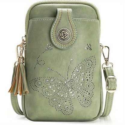 Small Crossbody Bags For Women | Lightweight Mini Cute Cell Phone Purse With Tassel Shining Butterfly, Zipper Closure, Lining, Animal Print For Mom Gift Essential