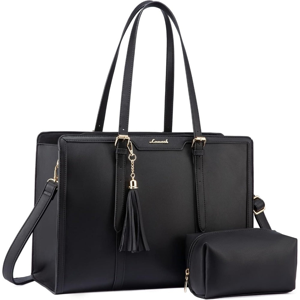 [Canvas Leather Laptop Tote] LOVEVOOK 15.6 inch Canvas Leather Laptop Tote Bag for Women - Computer bag with Clutch Purse for Business, Travel, Casual