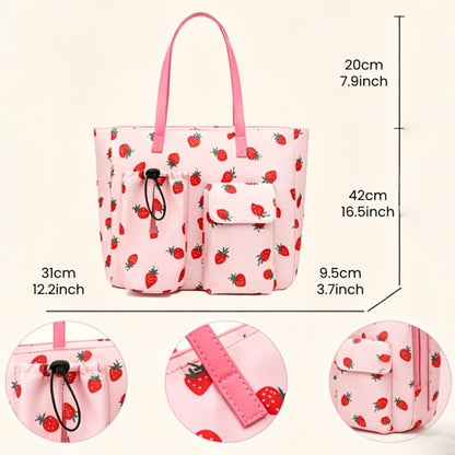 Nylon Fashionable Multi Pocket Water Cup Bag, Gym Bag, Tropical Ethnic Style Cute Strawberry Printed Large Capacity Women'S Tote Shoulder Bag Commuter Bag, Dry Wet Separation Lightweight Handbag, Suitable For Travel, School, Shopping, Dating, Beach