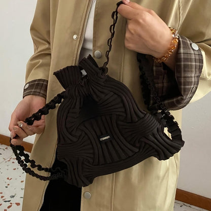 Korean Chic Knitted Top-Handle Bag - Soft Fabric Material, Adjustable Fixed Shoulder Straps, Partial Lining, and No-Closure Design for Effortless Casual, Vacation, and Daily Use