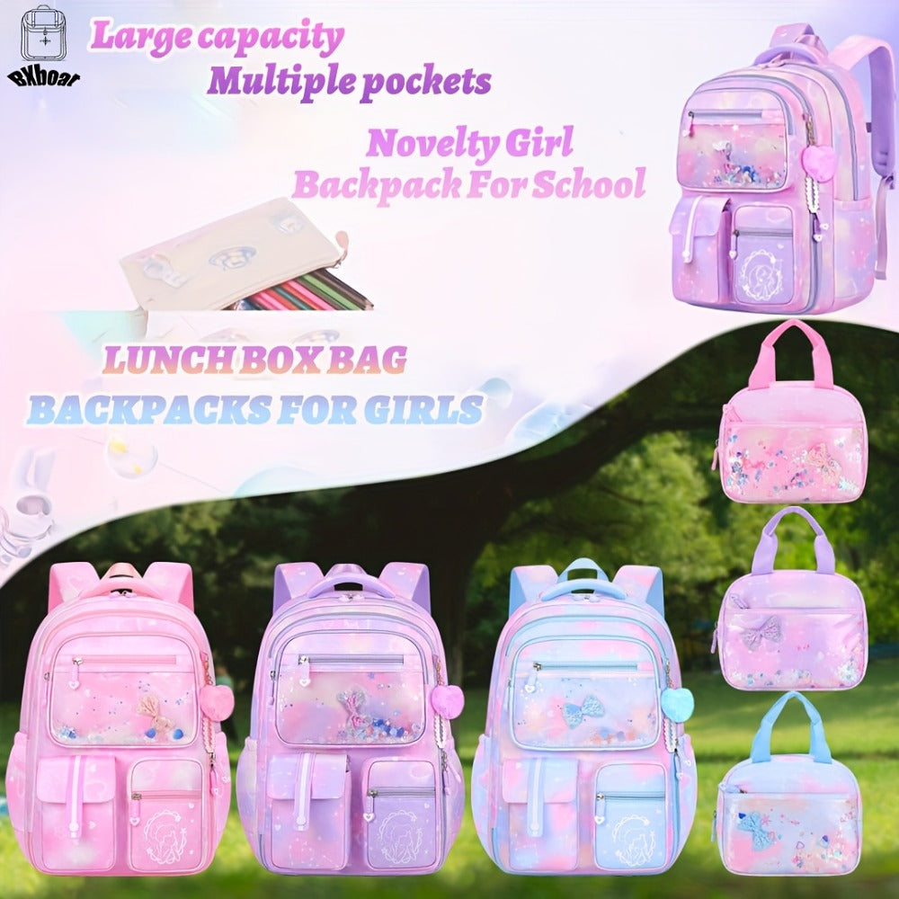 2pcs Bxboat Large Capacity Girls' Backpack with Lunch Box Pocket & 15.6" Laptop Compartment - Cute Bowknot Design, Multiple Pockets, Durable Fabric School Backpack for Teen Girls, Travel & Outdoor (Pink & Blue), Girls' Backpack, for Teenager