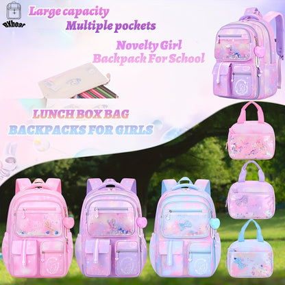 2pcs Bxboat Large Capacity Girls' Backpack with Lunch Box Pocket & 15.6" Laptop Compartment - Cute Bowknot Design, Multiple Pockets, Durable Fabric School Backpack for Teen Girls, Travel & Outdoor (Pink & Blue), Girls' Backpack, for Teenager