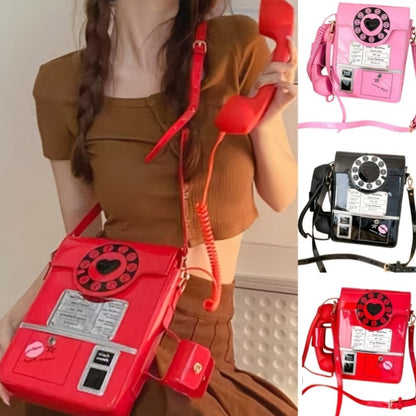 Creative And Stylish PU Glossy Chic Retro Telephone-Shaped Cross Body Bag For Women - Fashionable Simulated Body Bag, Irregular Bag, Shoulder Purse, Comb Bag, Available In Black, Red, Pink. A Perfect Birthday Gift For Your Best Friend Or Family