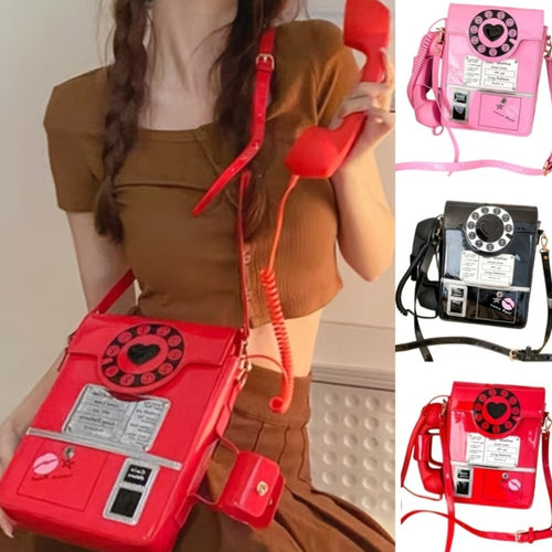 Creative And Stylish PU Glossy Chic Retro Telephone-Shaped Cross Body Bag For Women - Fashionable Simulated Body Bag, Irregular Bag, Shoulder Purse, Comb Bag, Available In Black, Red, Pink. A Perfect Birthday Gift For Your Best Friend Or Family