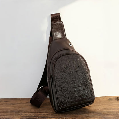 1pc Crocodile Pattern Sling Bag - Unisex Versatile Travel Backpack - Men'S Chest Bag With Headphone Jack Hole - Multiple Compartments Adjustable Brown Chest Bag - Shoulder Bags Gifts For Travel, Sports & Camping, Stylish Zipper Closure