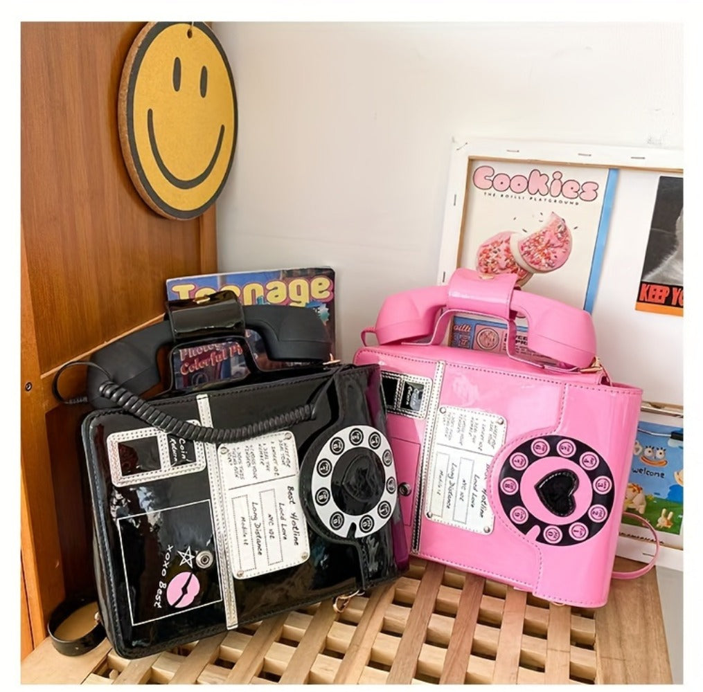 Creative And Stylish PU Glossy Chic Retro Telephone-Shaped Cross Body Bag For Women - Fashionable Simulated Body Bag, Irregular Bag, Shoulder Purse, Comb Bag, Available In Black, Red, Pink. A Perfect Birthday Gift For Your Best Friend Or Family
