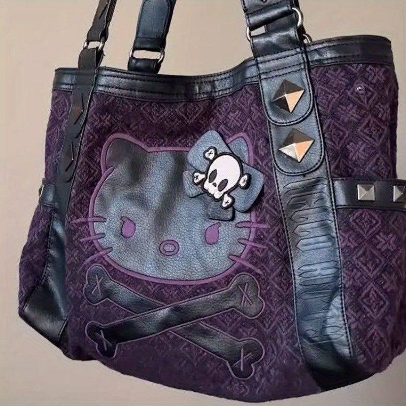 Sanrio Hello Kitty Gothic Vintage Purple Handbag with Black Embellishments Durable Nylon, Zipper Closure, Multi-Function Underarm Bag, Skull & Crossbones Design, Studded Details, Y2K Style for Daily Use