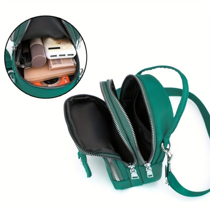 4 Colors Lightweight Nylon Women's Messenger Bag - Casual Mini Handbag with Multi-Zipper Compartments, Detachable Adjustable Shoulder Strap & Metal Rings, Available in Lavender, Black, Dark Purple, Grey, Brown, Sapphire Blue, Small Crossbody Bag, Versatil