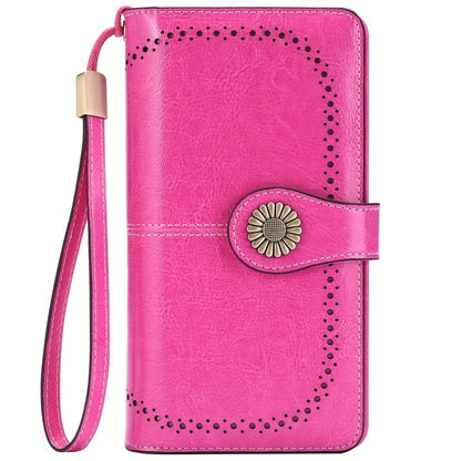 Wallets for Women RFID Blocking, Long Genuine Leather Wallet with 24 Card Slots & Phone Pocket, Large Capacity Zipper Wristlet, Gift Box for Daily Use, Sunflower Print