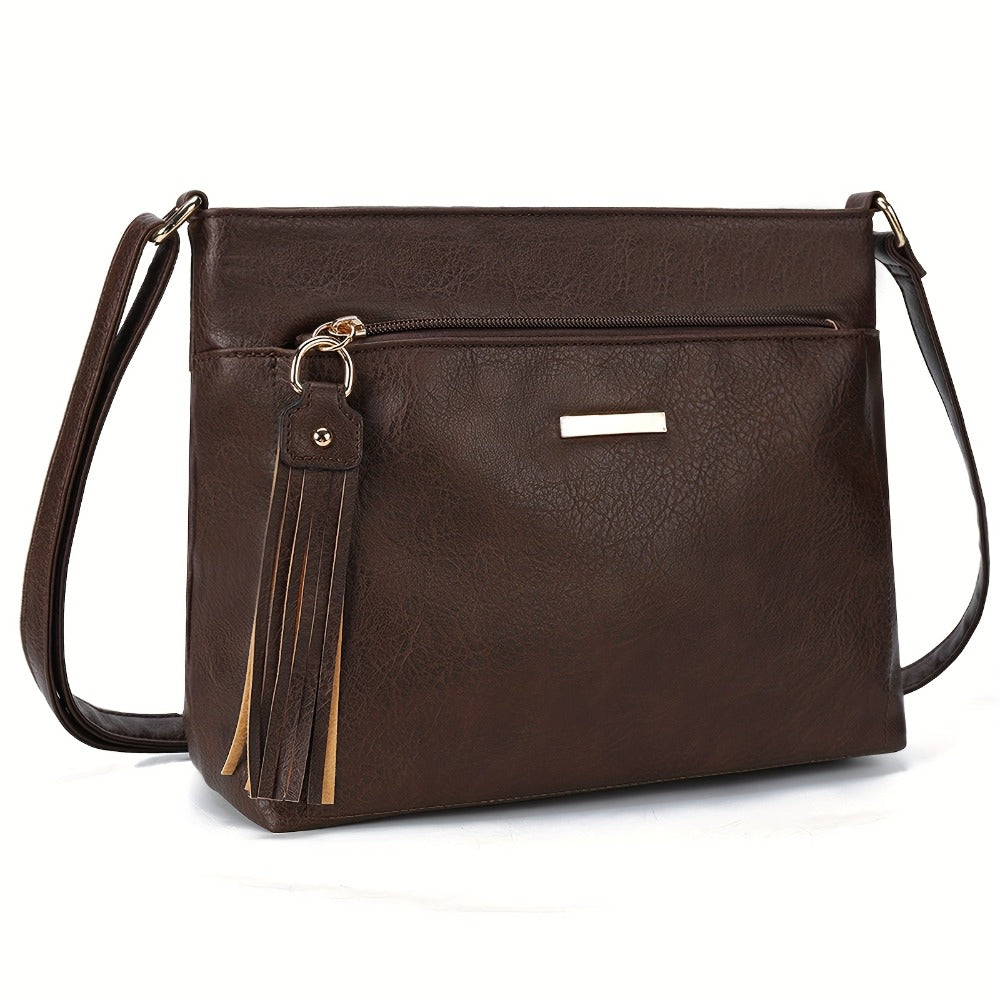 Women' Large Capacity PU Fringe Crossbody Bag with Adjustable Strap & Zipper Closure - Minimalist Fringe Accent Shoulder Purse Suitable for Daily Commuting, Travel, &