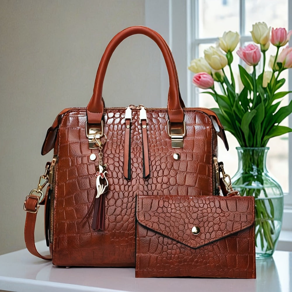 Fashion Crocodile Pattern Women's Handbag 2pcs Set, Women's Shoulder Bag with Tassel Decoration, Metal Cat Pendant Crossbody Bag