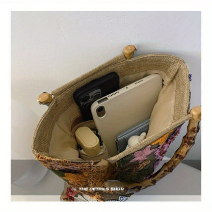 [Retro Bamboo Tote] Premium Retro Bamboo Tote Bag | Women's Hand Carry Heavy Industry Embroidery Color Sequins Tide Dinner Bag