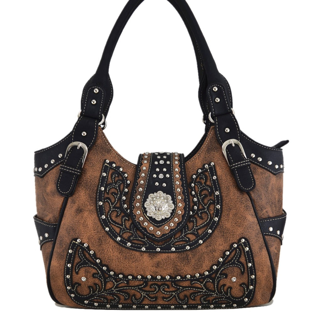 Western Style Berry Conchos Cowgirl Country Conceal Carry Purses Crossbody Handbags Women Shoulder Bags Wallet Set Brown Christmas Gifts