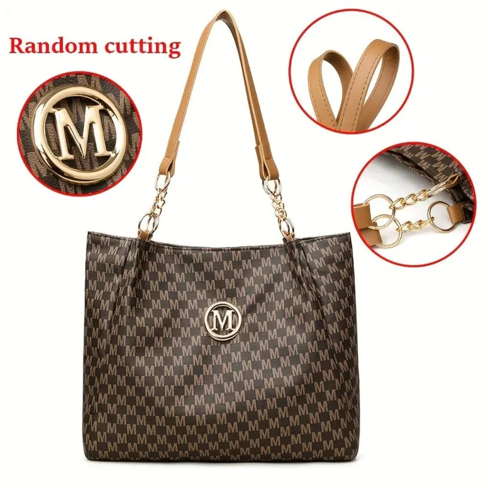 Two-Piece Set Large Capacity Shoulder Bag, Suitable for Elegant Urban Women, Lotus Pattern M Print, Fashionable M-Shaped Hardware Buckle Design, Lightweight Fixed Shoulder Strap, Suitable for Multiple Occasions - Perfect Gift