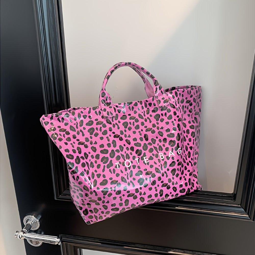 Women's Leopard Print Tote Bag, Double-layer Fabric, Classic Solid-color Handbag, PVC Fashion Bag, Stylish Large-capacity Tote Beach Bag, Portable Seaside Vacation Organizer, Travel Toiletry Bag, Pool Swimming Bag, Commuting Tote