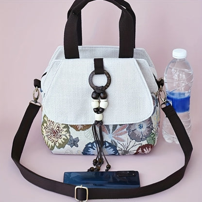 Bohemian Floral Crossbody, Multi-Compartment Handbag with Beaded Accents, Zipper Closure And, Casual Vacation Everyday Purse, Travel Accessory, Ethnic Pattern, Stylish Accents, Women'S Accessory, Stylish Shoppers
