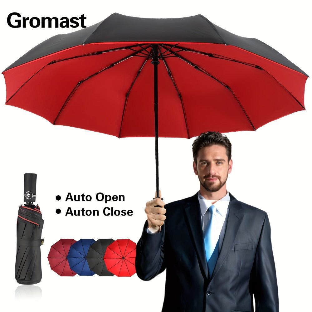 Large And Sturdy 10-Rib Design Black And Red Windproof Gear Shift Sunshade Umbrella, Automatic Folding And Opening Umbrella