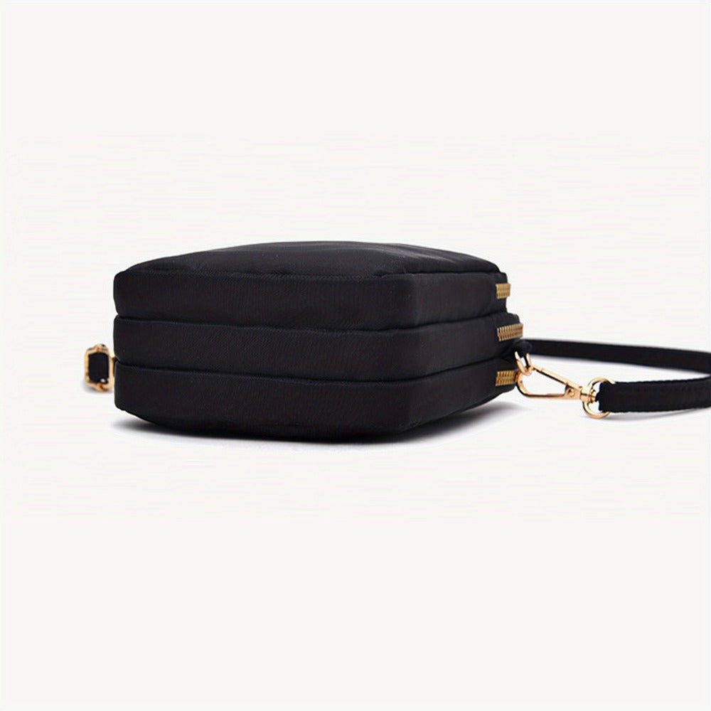 's Compact Crossbody Bag - Heart-Shaped Window with Golden Zipper, Adjustable Strap, Oxford Cloth Purse with Coin Pocket & Headphone Jack - Lightweight Everyday Bag for, Phone Purse for Travel, Work, School - Black Crossbody Bag with Butterfly Heart Print